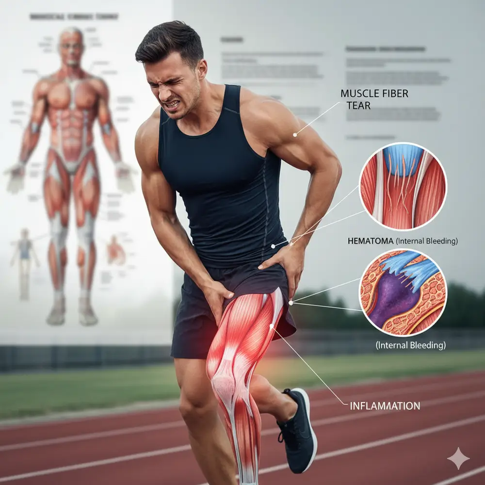 atleta con dolor en la pierna mostrando qué es un desgarro muscular- Clinica de lesiones deportivas