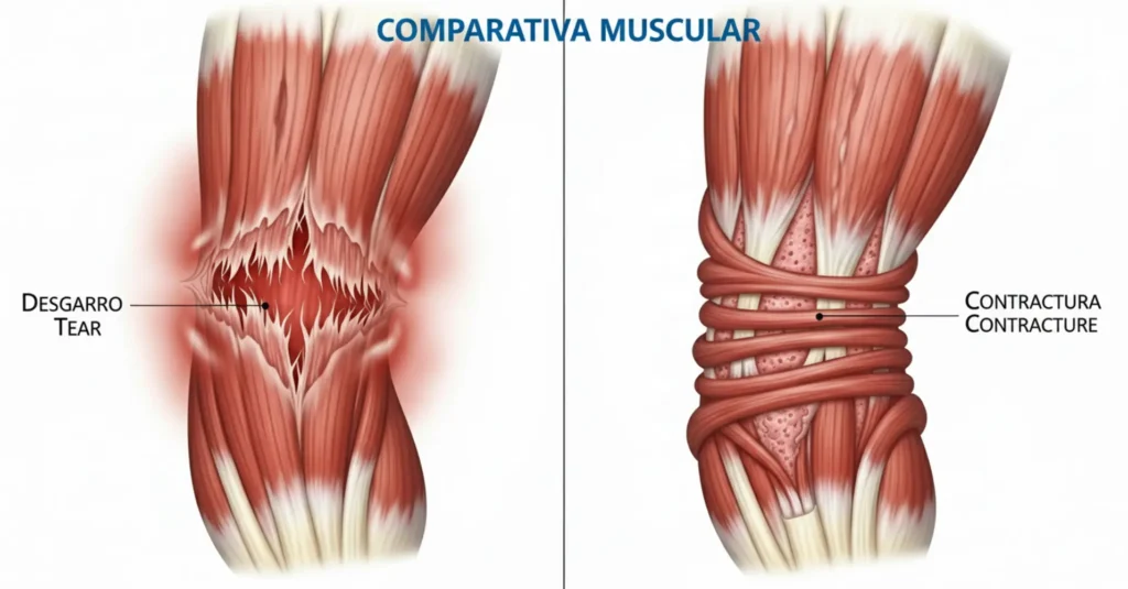 que es un desgarro muscular | Clínica de Lesiones Deportivas comparativa de desgarro muscular y contractura muscular-fibras musculares con ruptura, síntomas de desgarro muscular