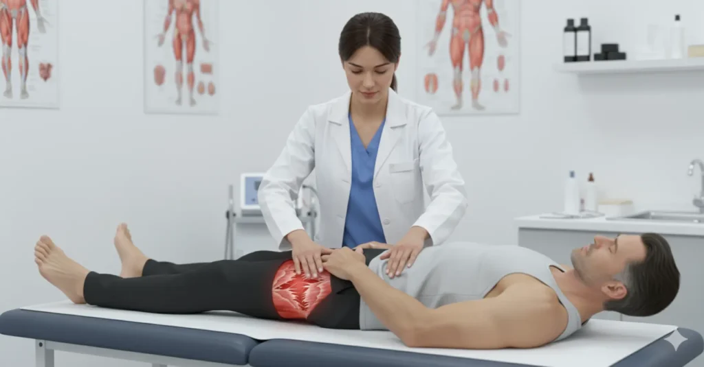 que es un desgarro muscular | Clínica de Lesiones Deportivas fisioterapeuta aplicando tratamiento desgarro muscular
