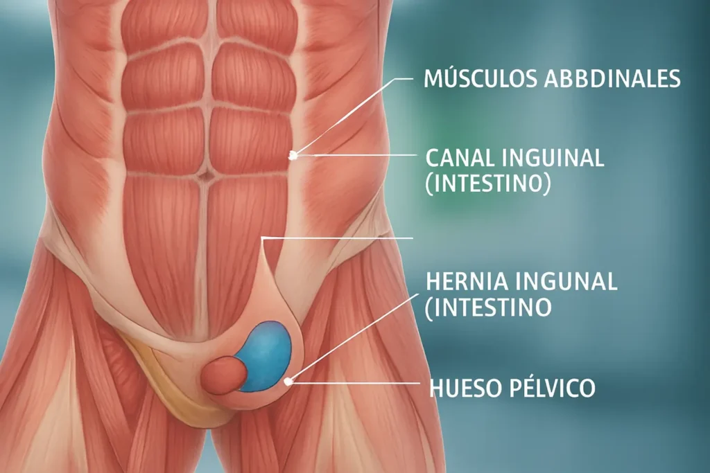 Imagen anatómica mostrando qué es una hernia inguinal- clinica de lesiones deportivas